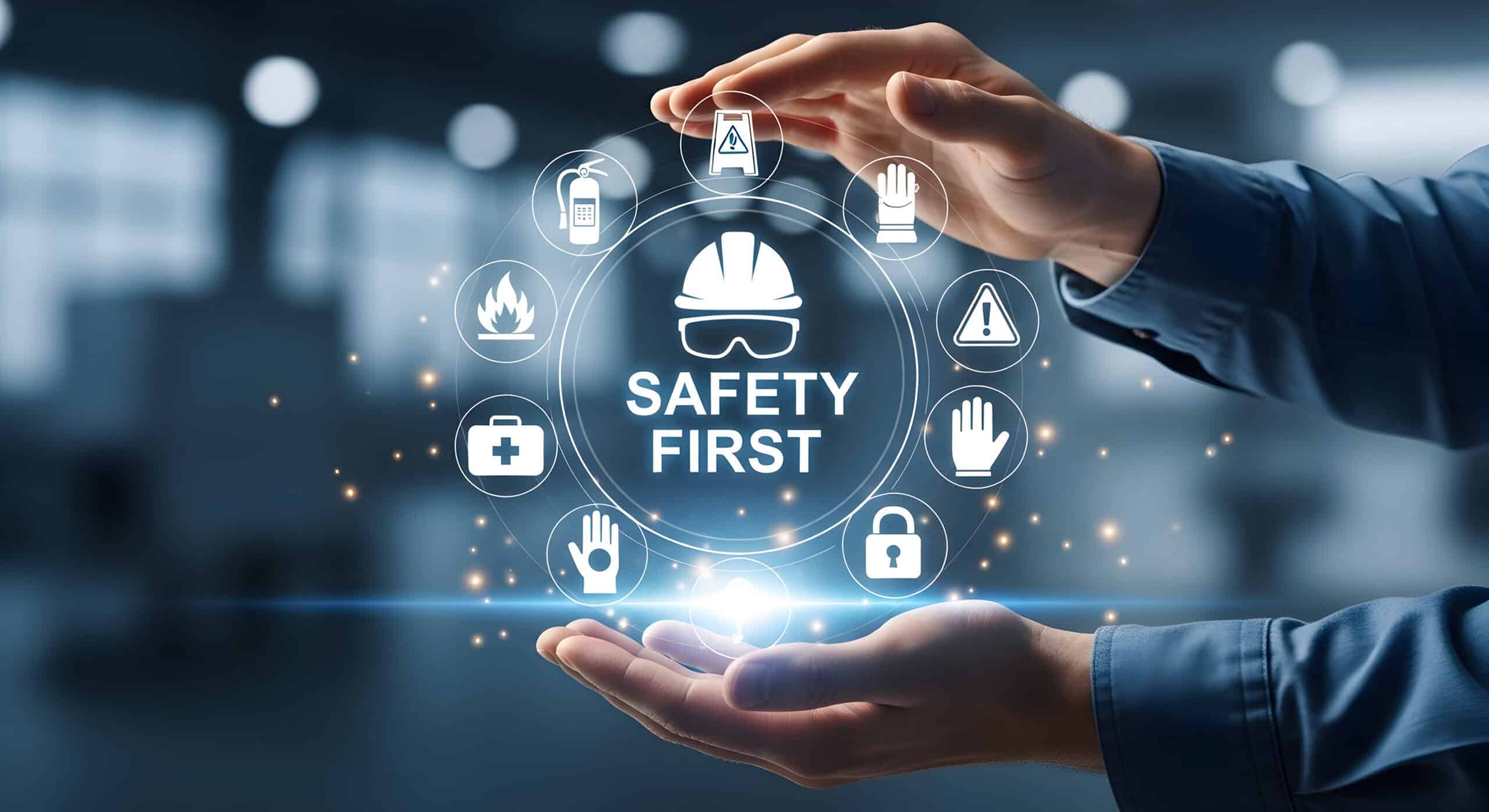 Construction safety icons with safety first message and protective gear.