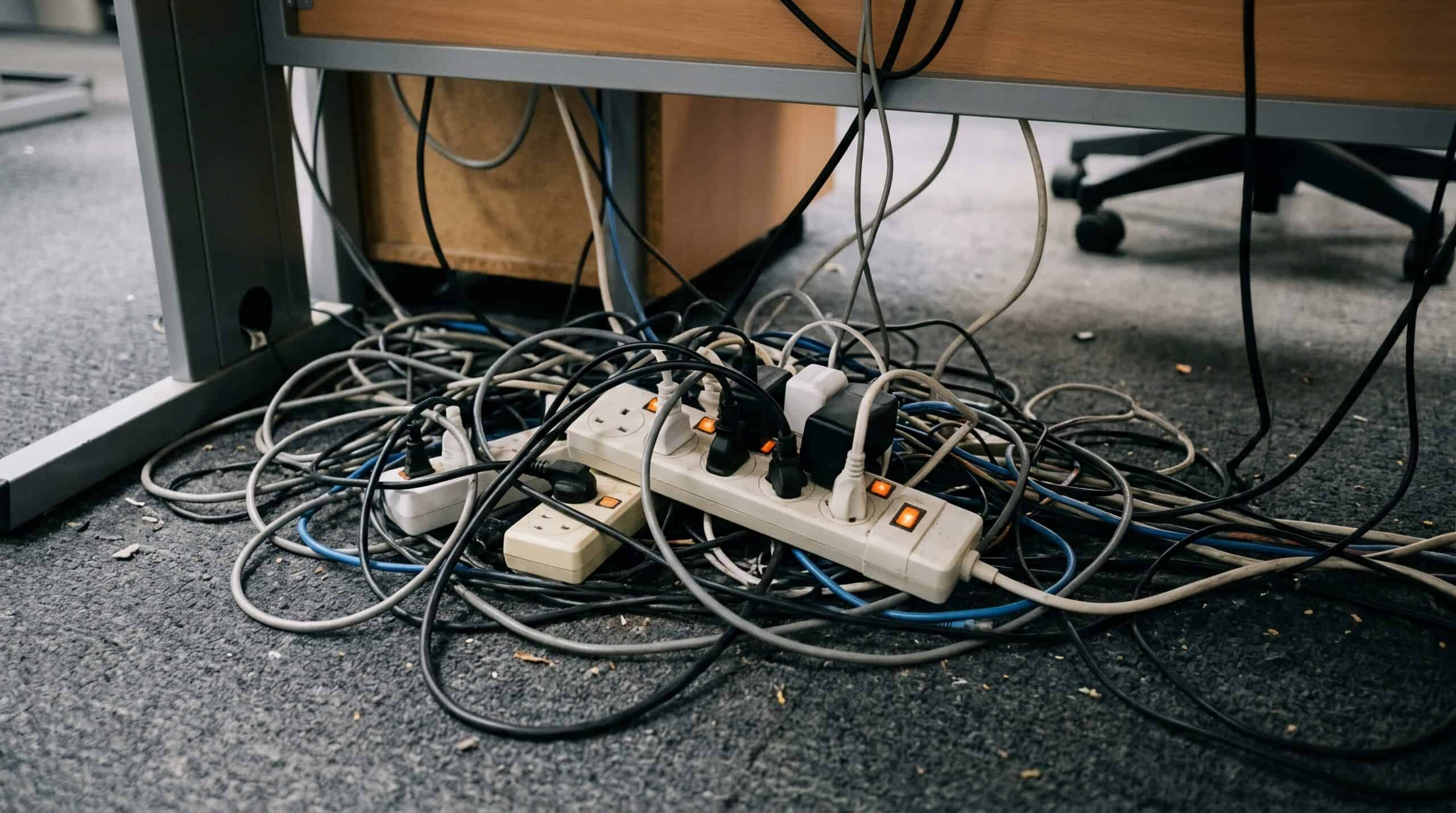 Cluttered electrical cables and power strips under a desk in an office.
