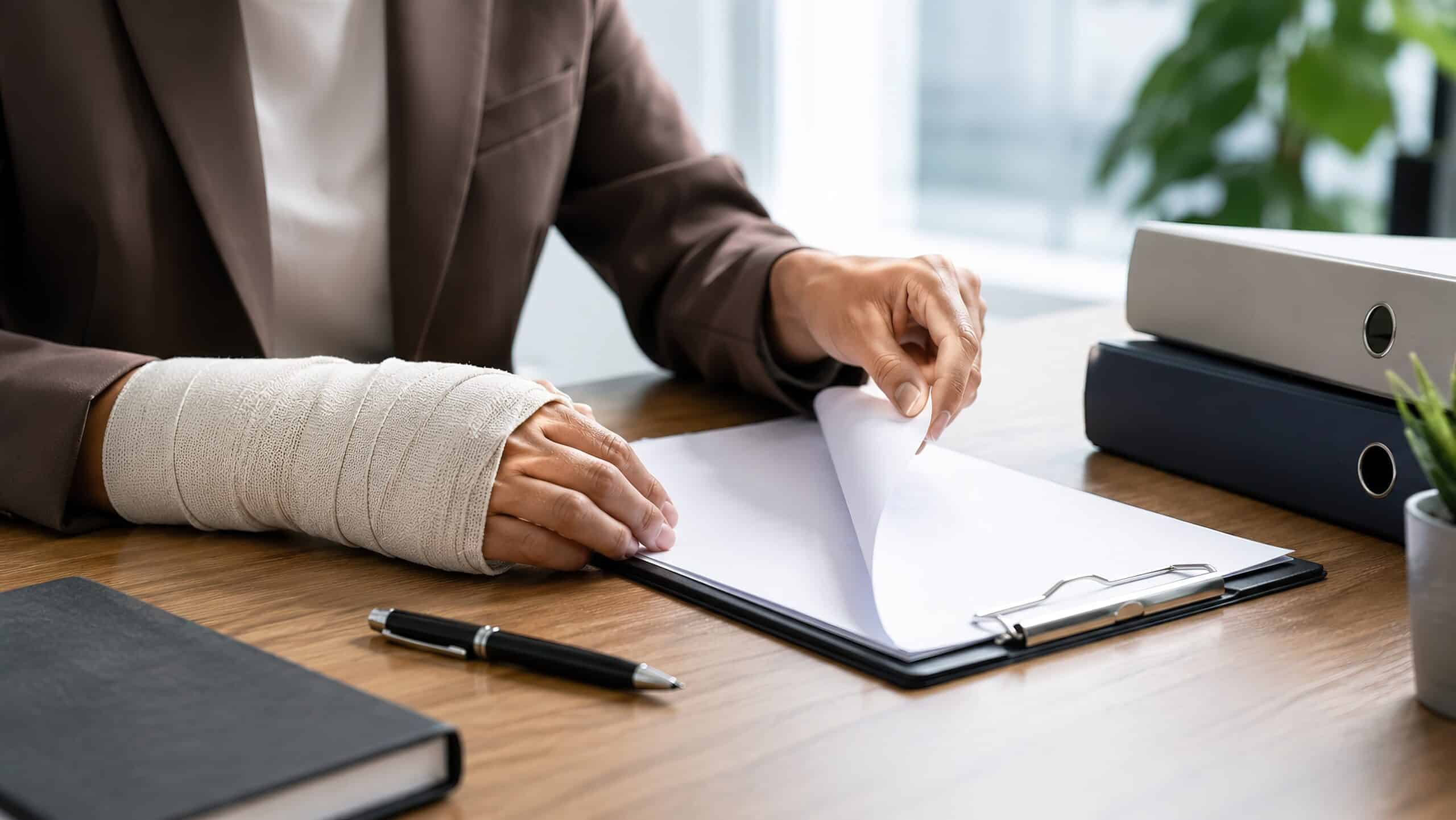 Person with a bandaged hand signing documents at a desk.