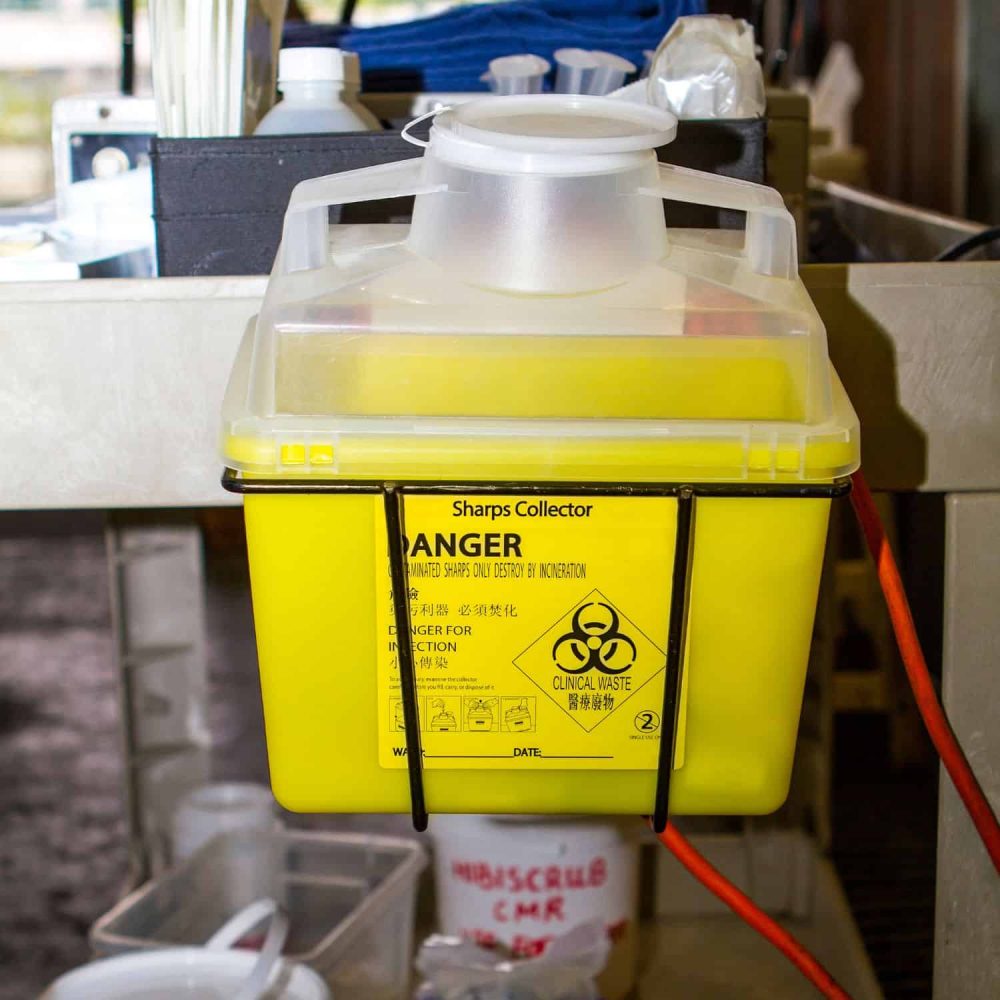 Sharps waste container used in sharps awareness training courses.