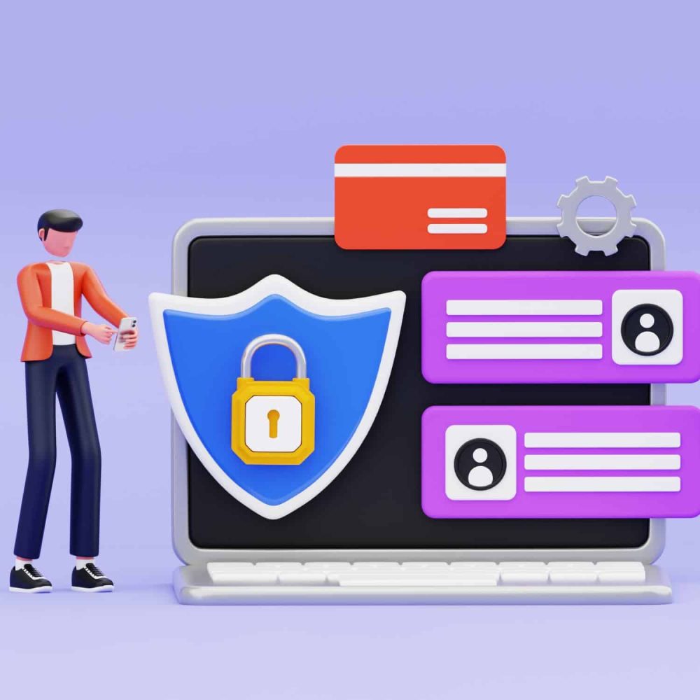 Digital security shield with lock, user profiles, and gear icons for online training.