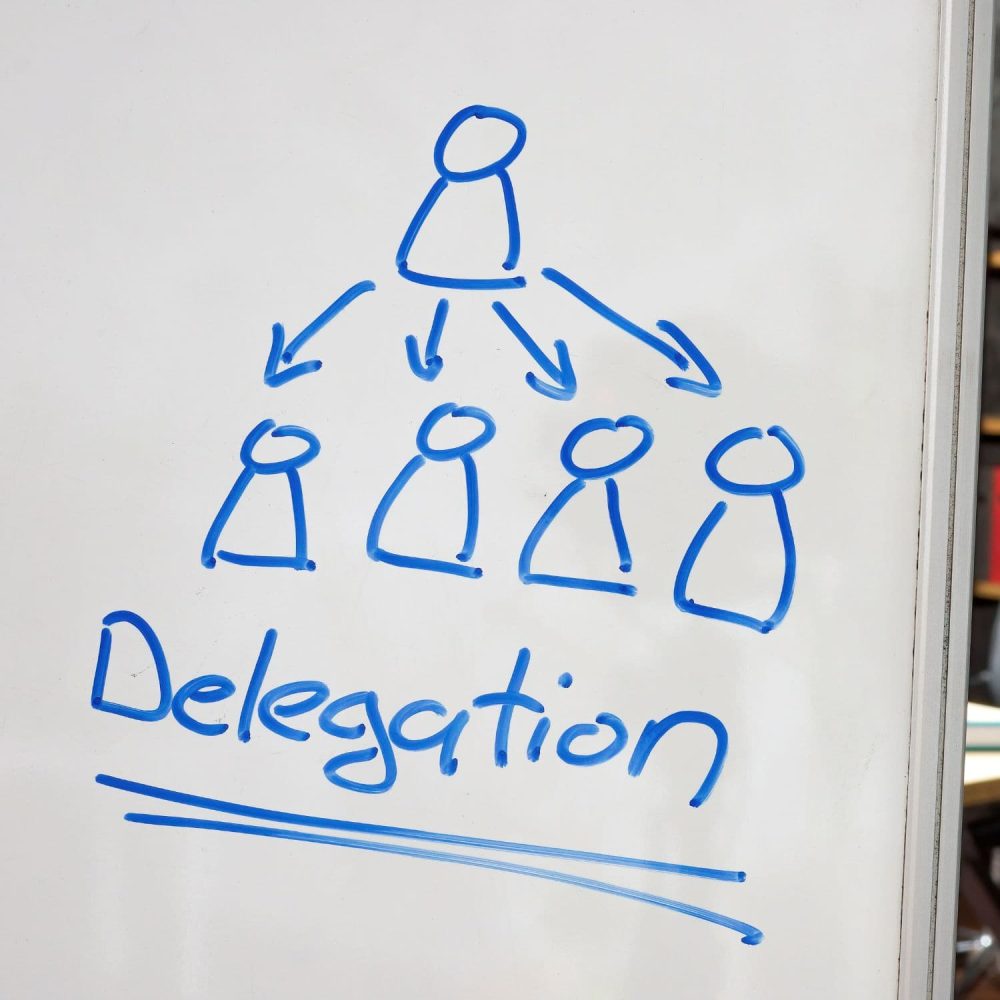 Diagram showing delegation hierarchy with a leader and team members.