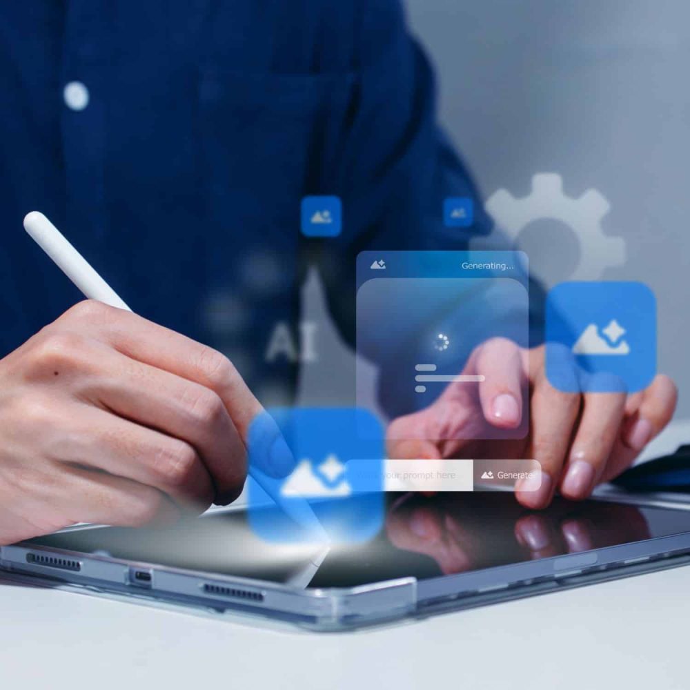 Person using a tablet with AI icons for online training and AI generation.