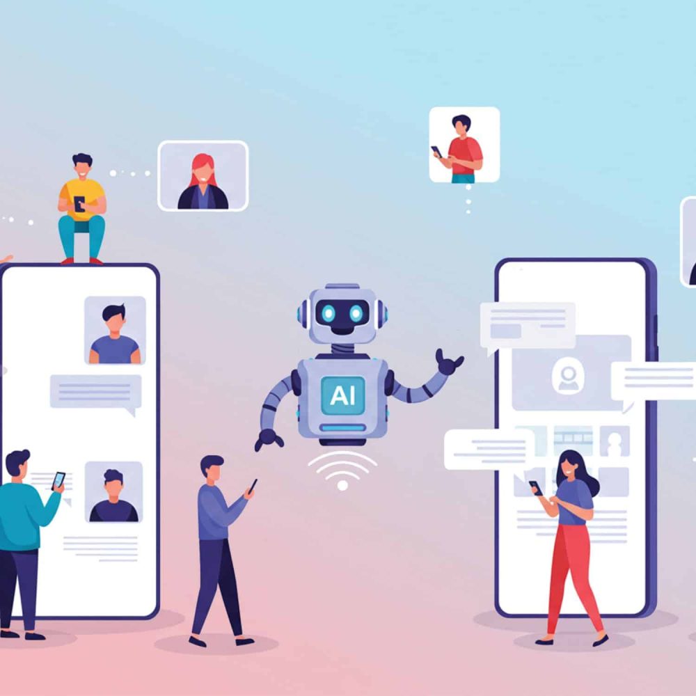 Illustration of AI chatbot interacting with people via smartphones and tablets.