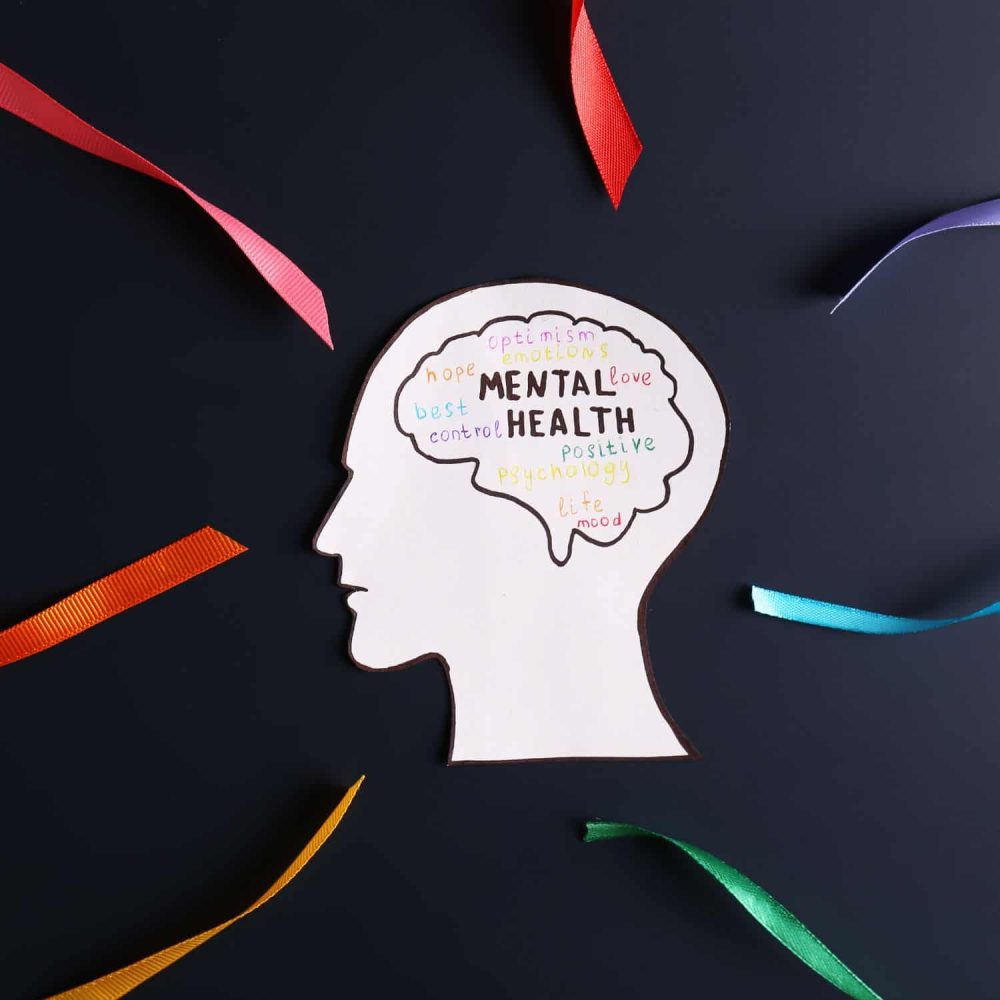 Silhouette of a human head with mental health keywords inside.
