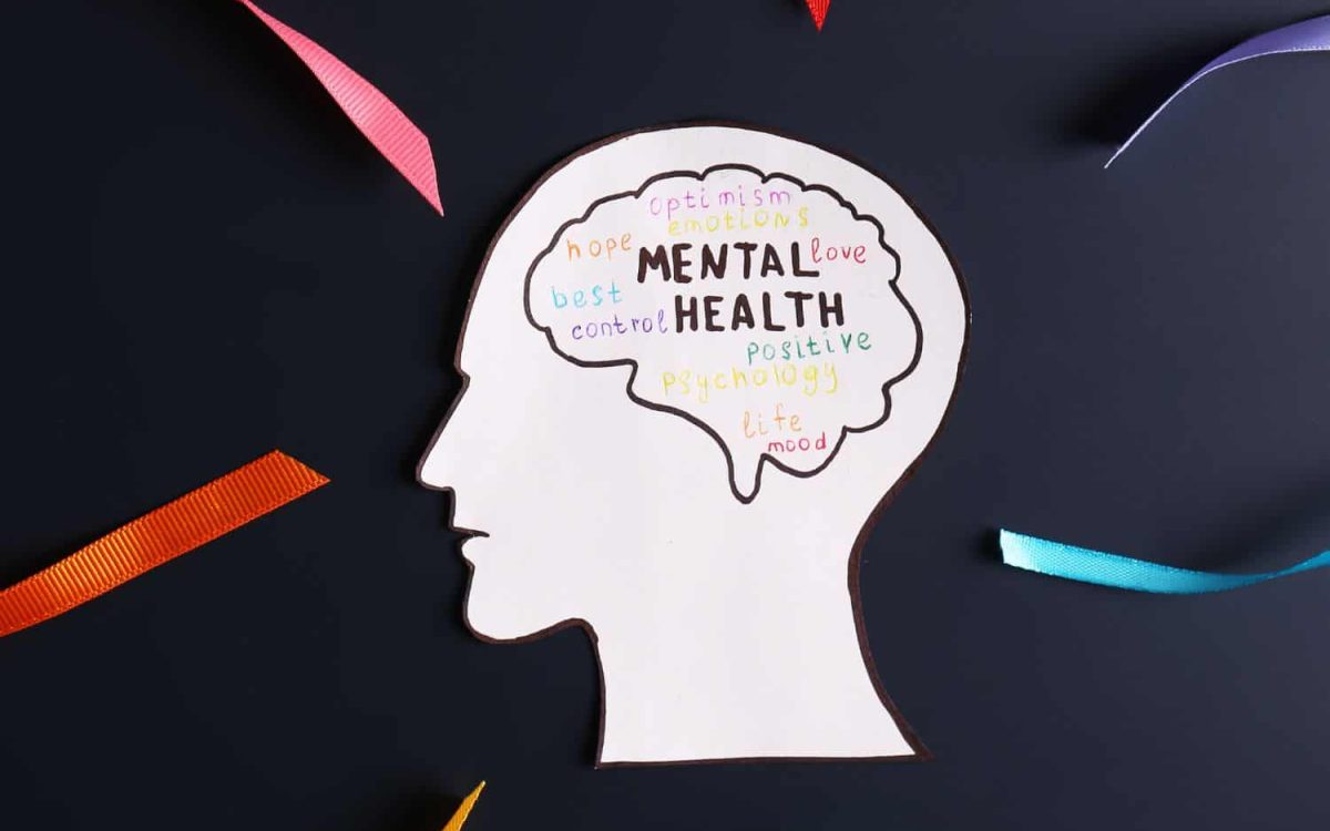 Silhouette of a human head with mental health keywords inside.