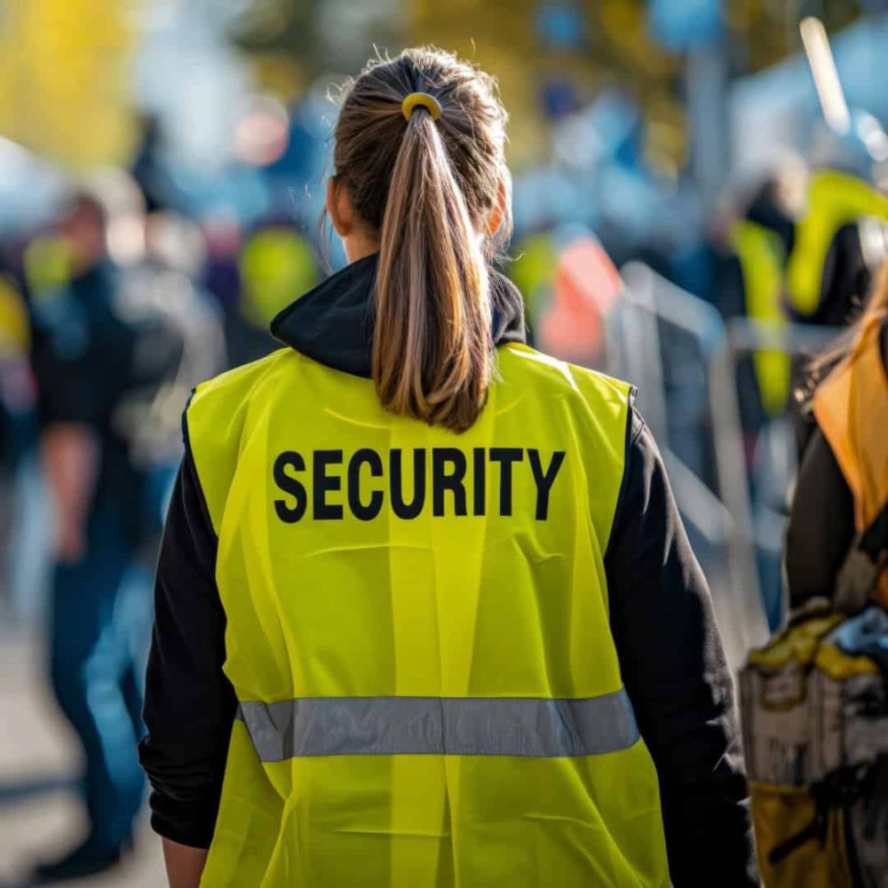Security officer wearing high-visibility vest at public event.
