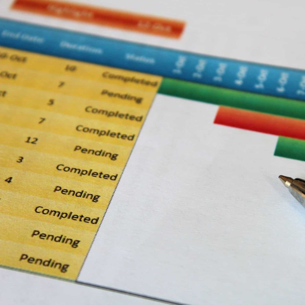 Project management progress chart with colour-coded status indicators.