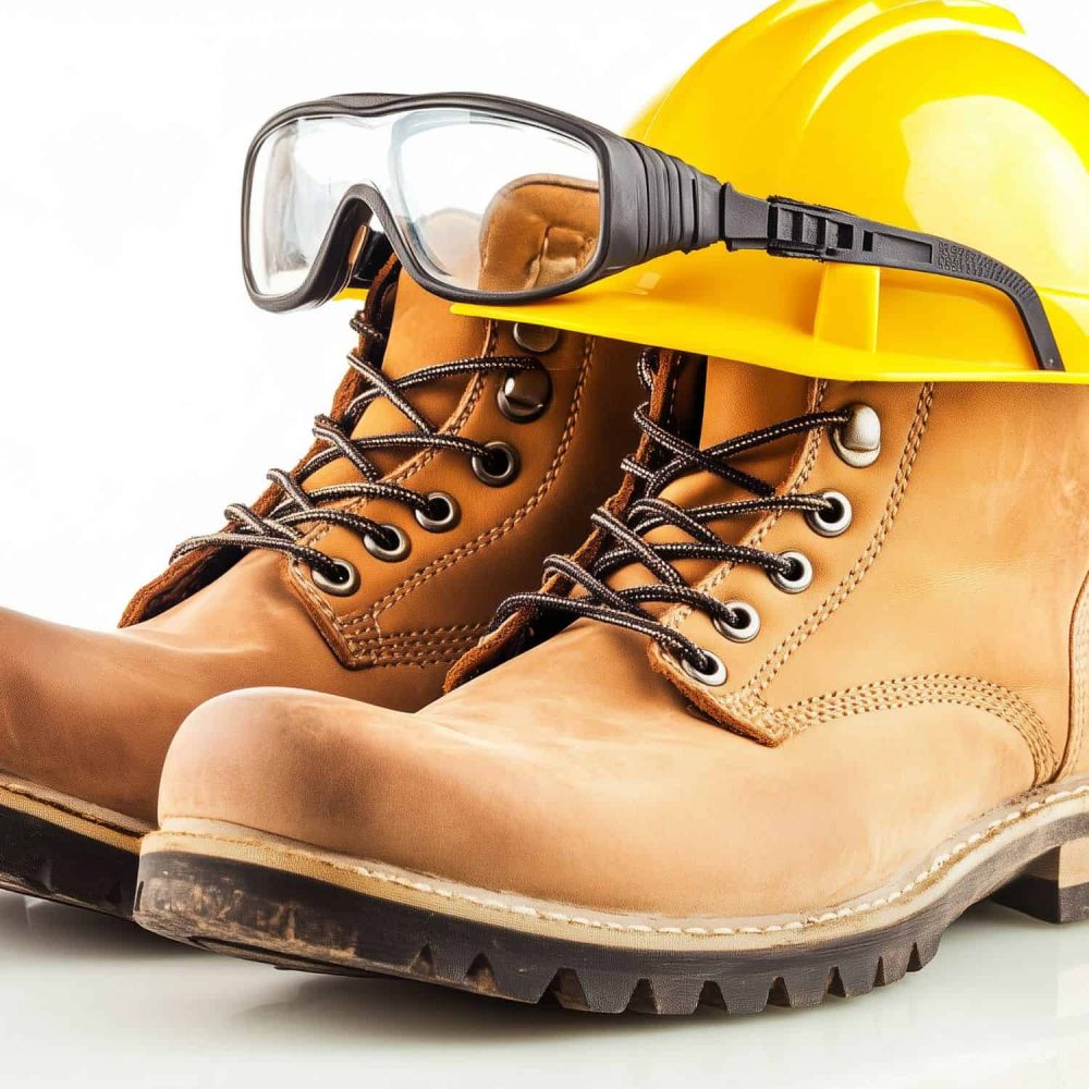 Safety boots, helmet, and goggles for work equipment training.