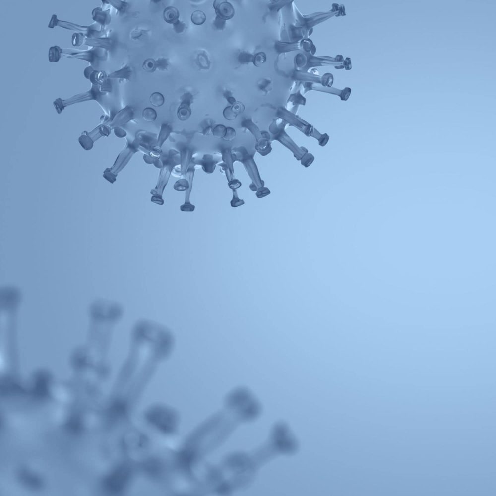 Close-up of a virus particle with spike proteins, representing COVID-19.