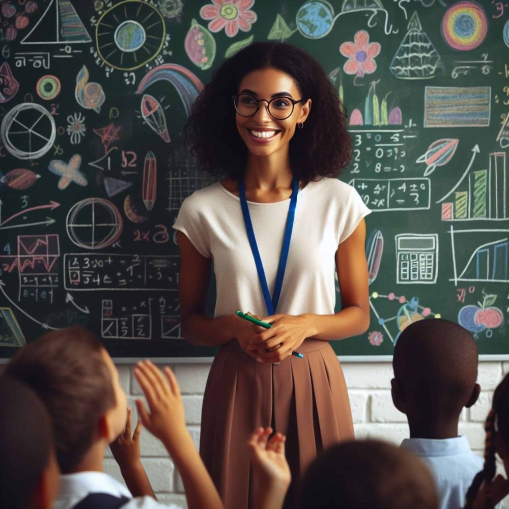 Female teacher engaging students in a classroom with a chalkboard background.